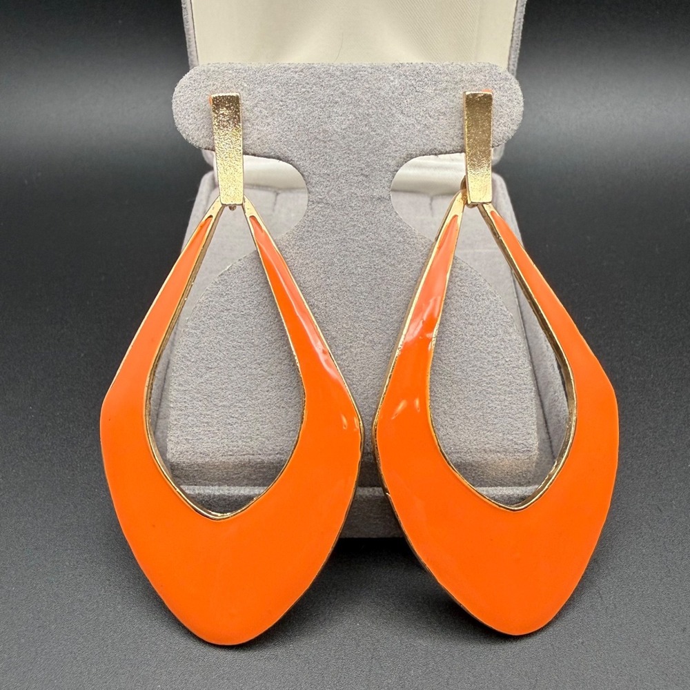 Vintage Gold Tone Orange Enamel Teardrop Dangle Earrings Statement Door Knockers